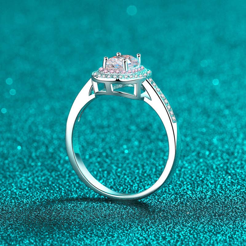 Oval Moissanite & Pink Halo Engagement Ring in 925 Sterling Silver