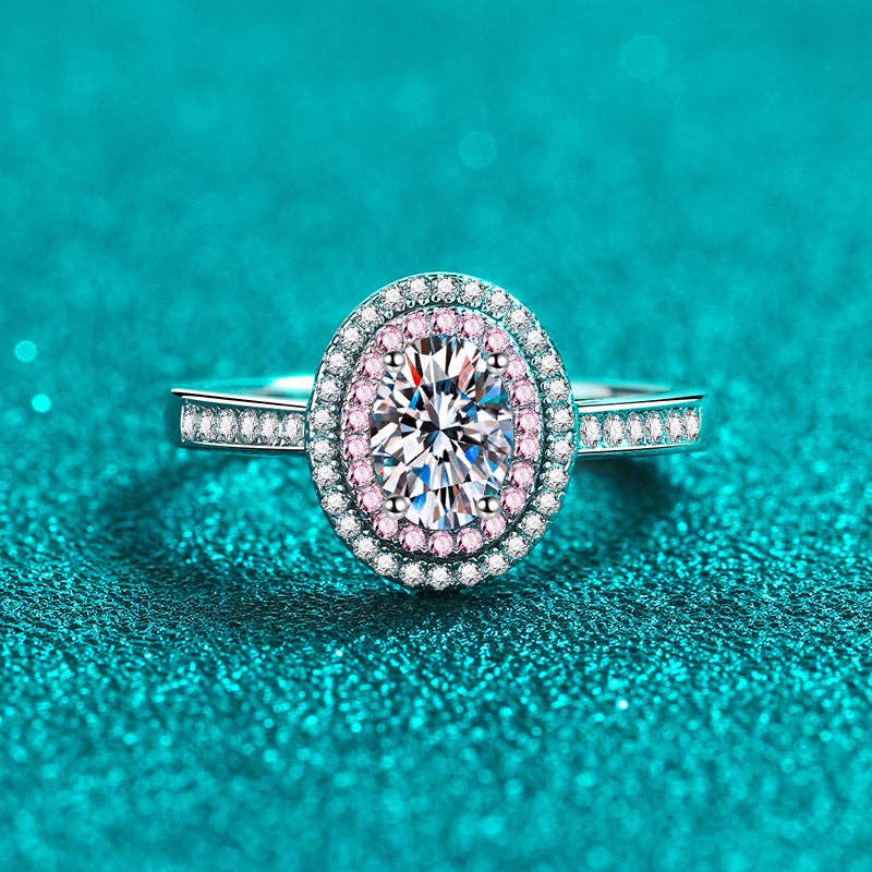 Oval Moissanite & Pink Halo Engagement Ring in 925 Sterling Silver