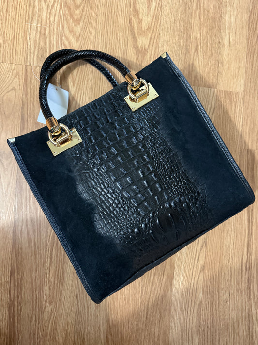 Chic Italian Black Croc & Suede Leather Handbag