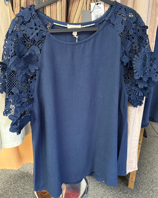 Navy Crochet Sleeve Top Plus