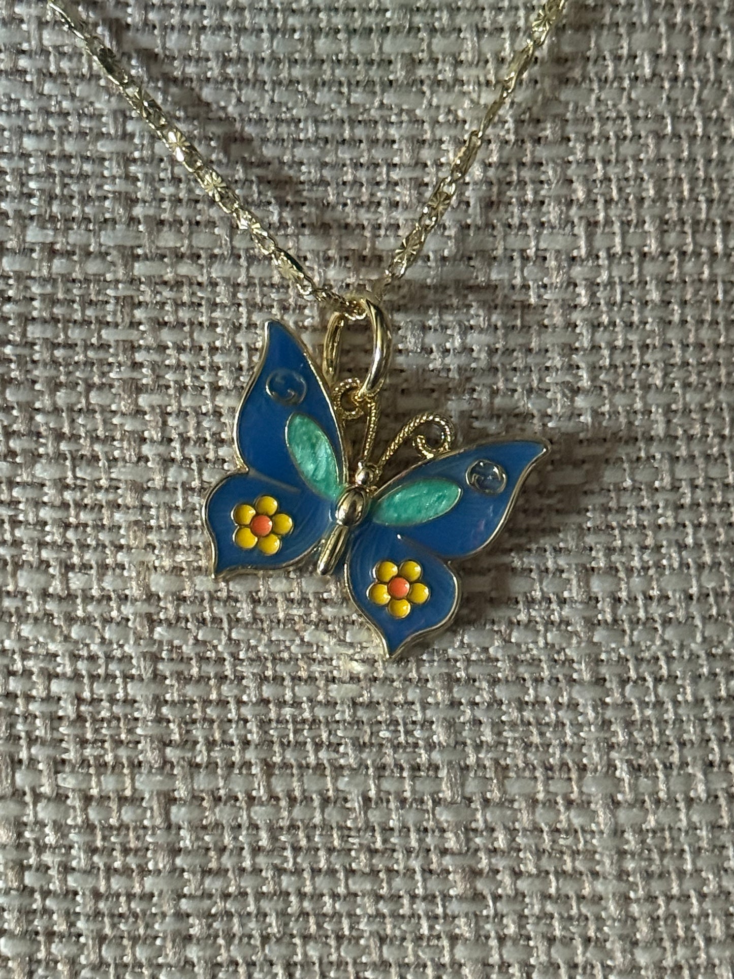 Blue Enamel Butterfly Pendant Necklace – Gold Tone Chain