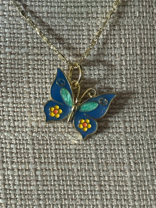 Blue Enamel Butterfly Pendant Necklace – Gold Tone Chain
