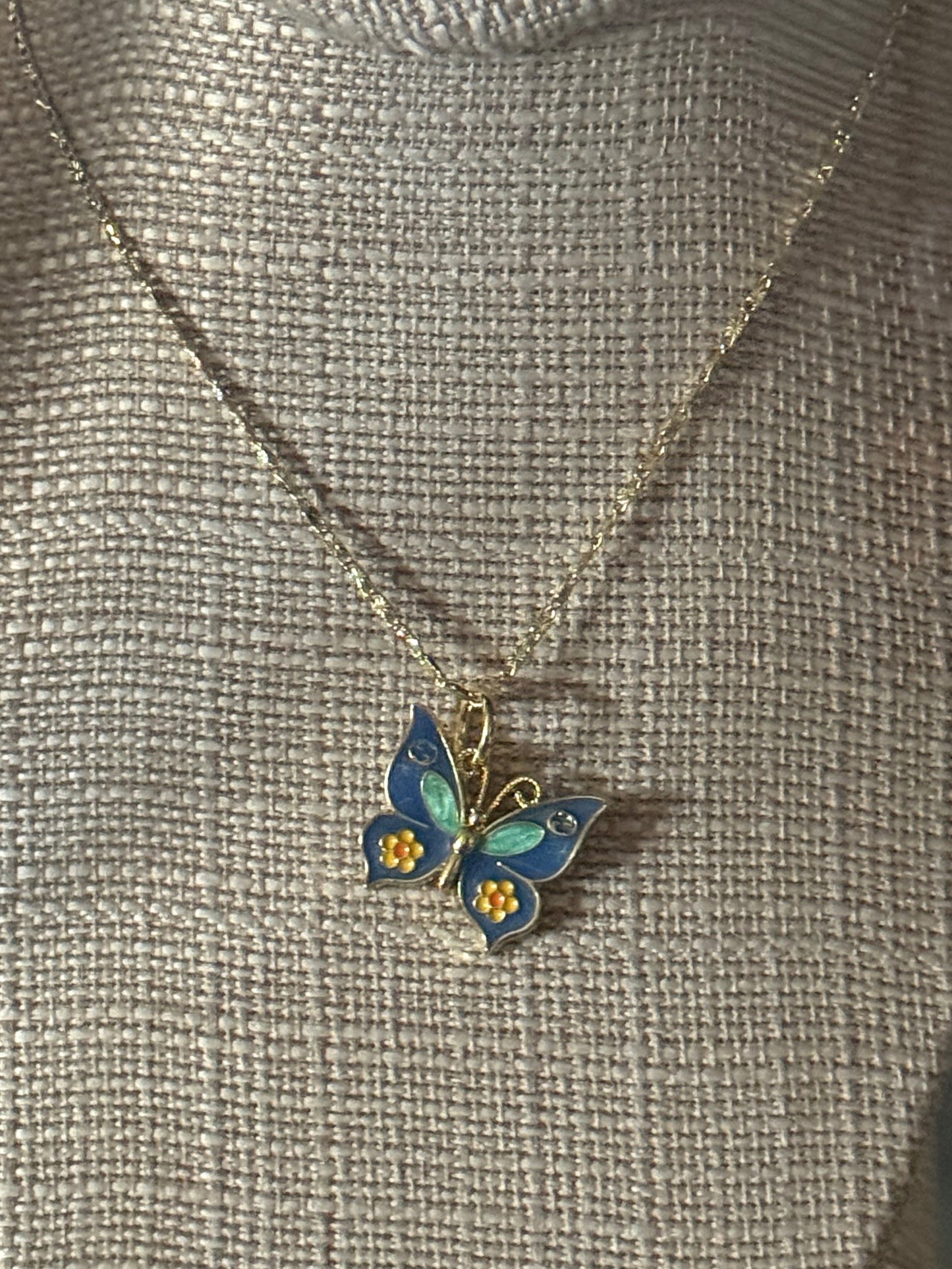 Blue Enamel Butterfly Pendant Necklace – Gold Tone Chain