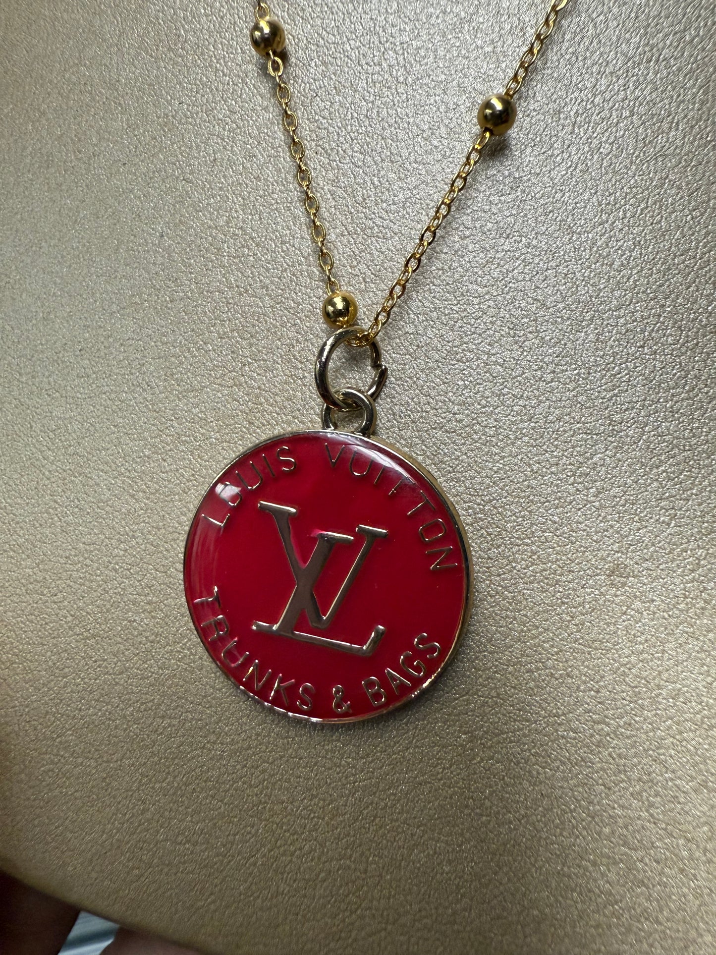 Red Enamel Medallion Necklace – Gold Tone Chain