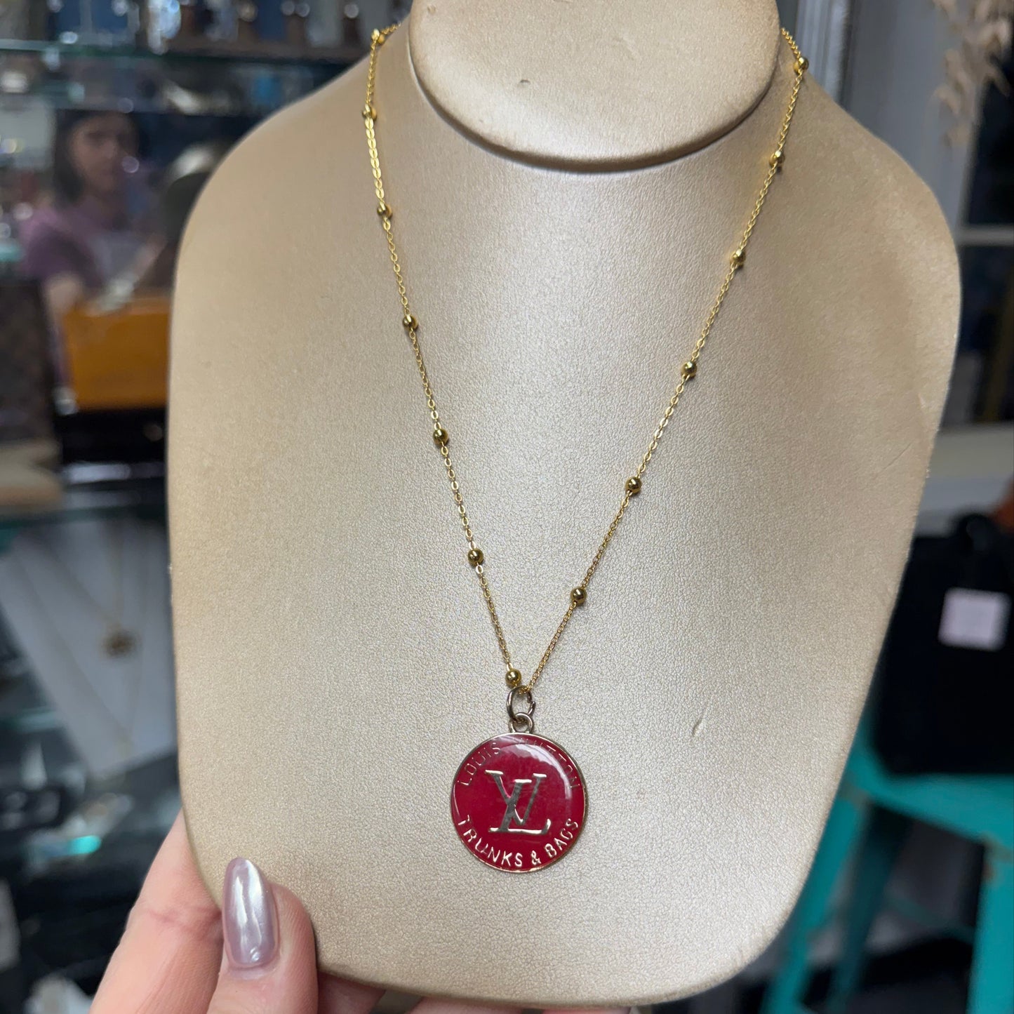 Red Enamel Medallion Necklace – Gold Tone Chain