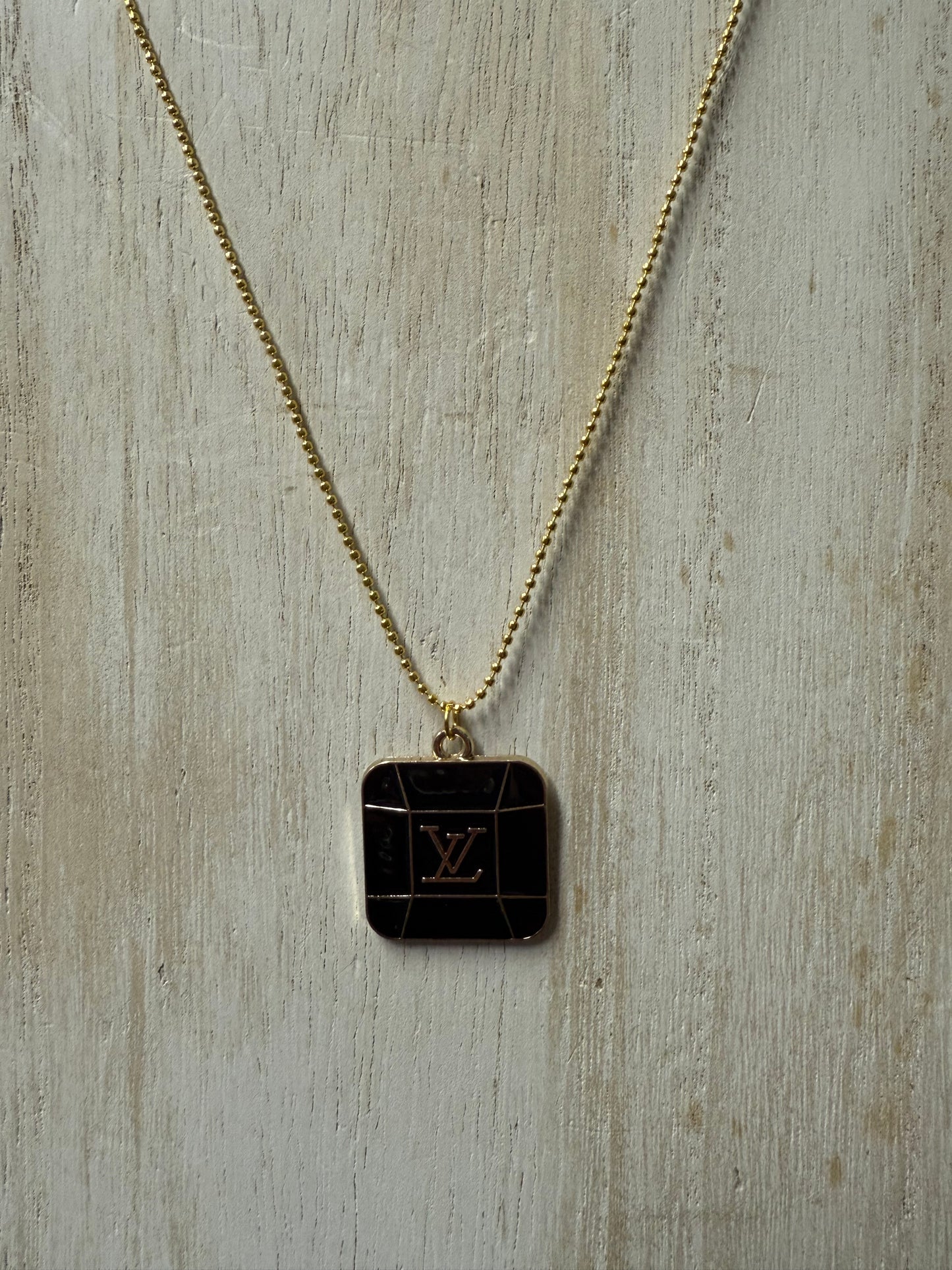 Black Square Pendant Necklace with Gold Tone Chain