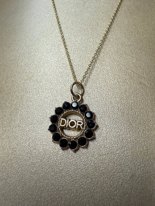 Gold Tone Black Gemstone Circle Pendant Necklace