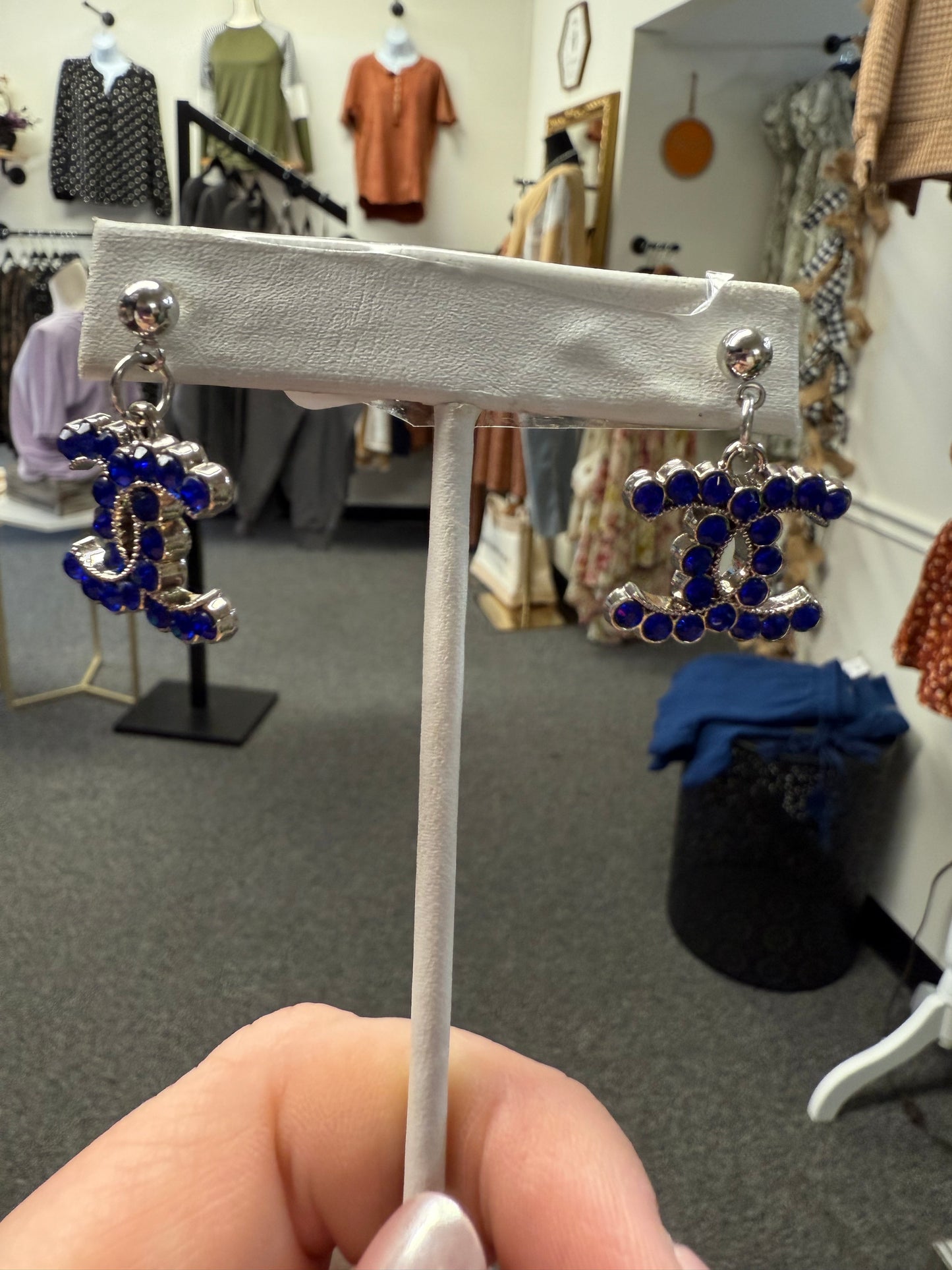Silver Tone Drop Earrings with Blue Gem Accents