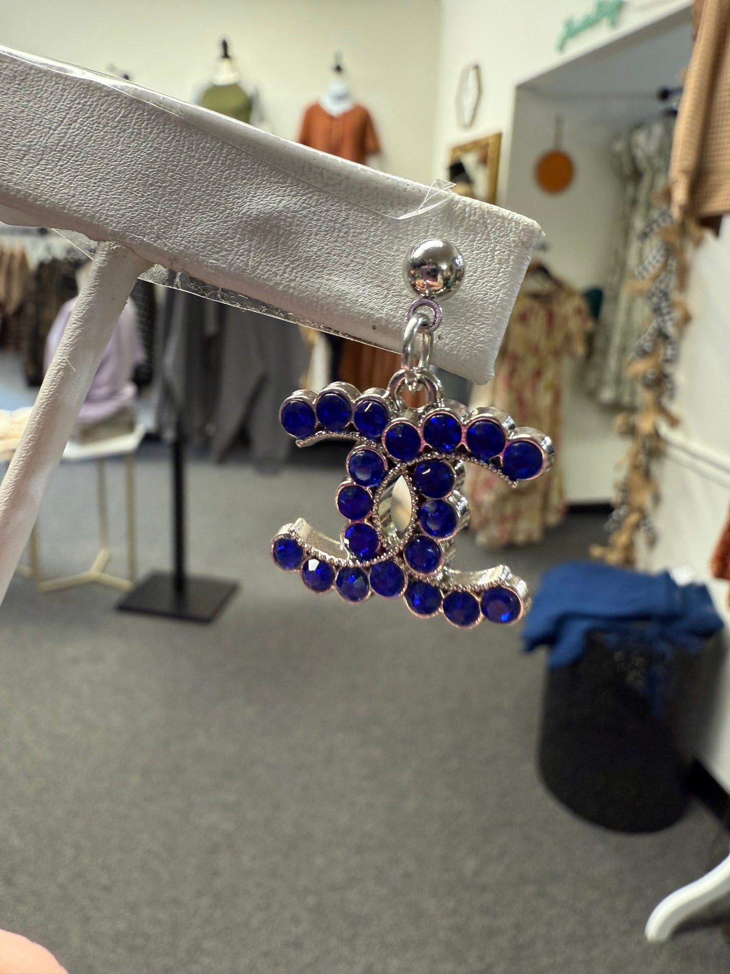 Silver Tone Drop Earrings with Blue Gem Accents