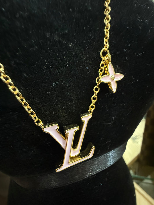 Pink Letter & Flower Charm Necklace – Gold Tone Chain