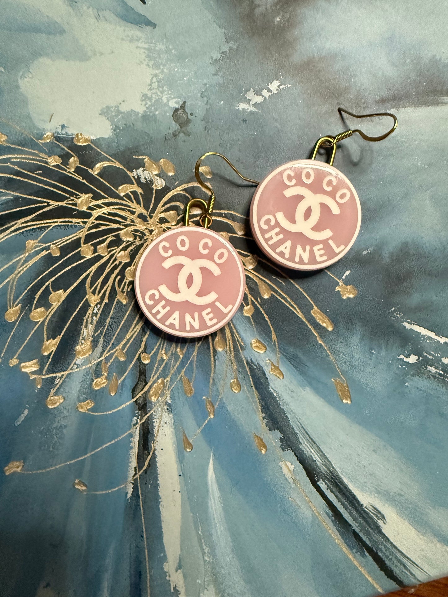 Acrylic Pink & White Dangle Earrings