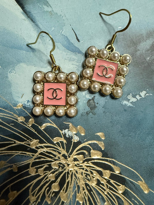 Pink Enamel & Pearl Square Earrings