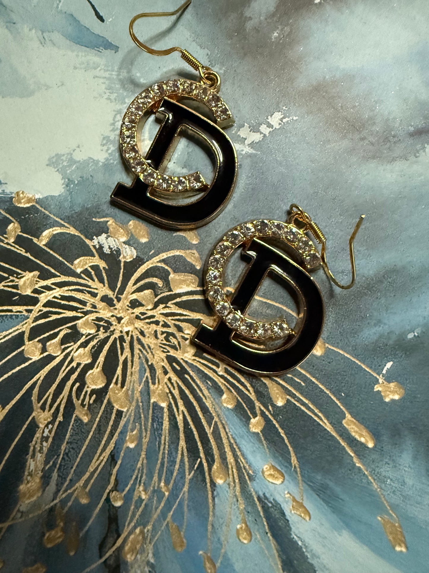 Crystal Black Enamel Letter Earrings