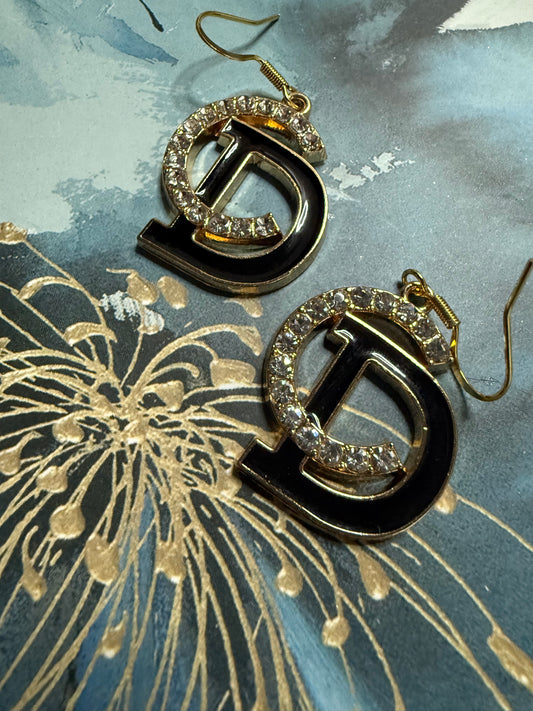 Crystal Black Enamel Letter Earrings