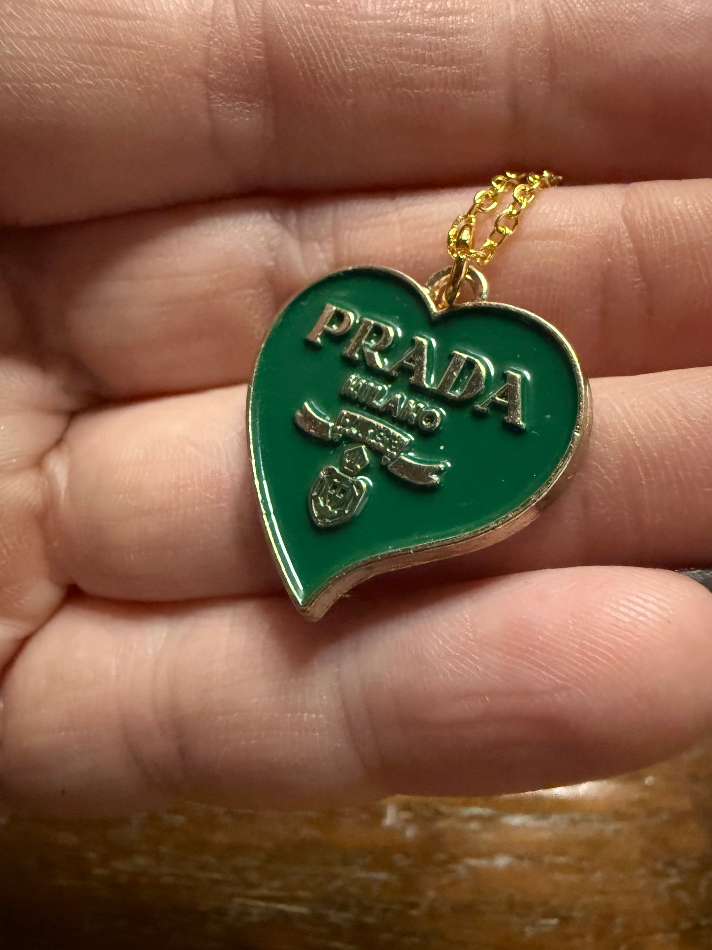 Green Heart Gold Tone Necklace