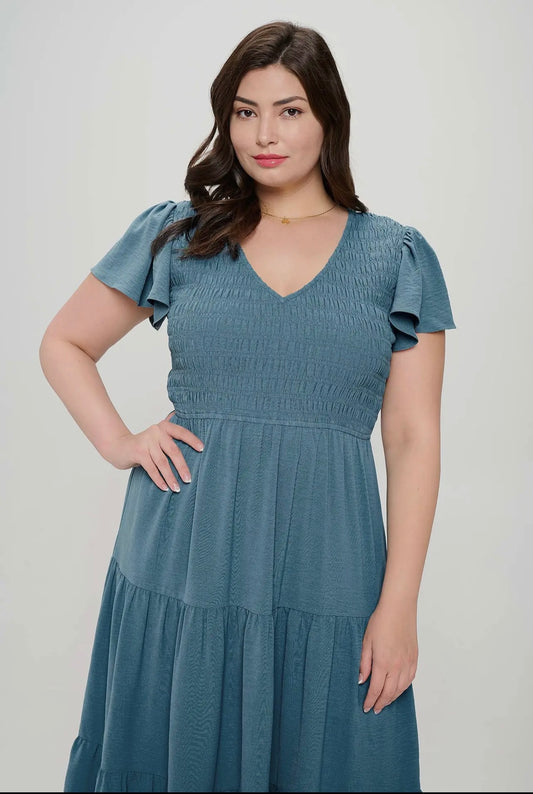 PLUS FLUTTER SLEEVE MIDI DRESS