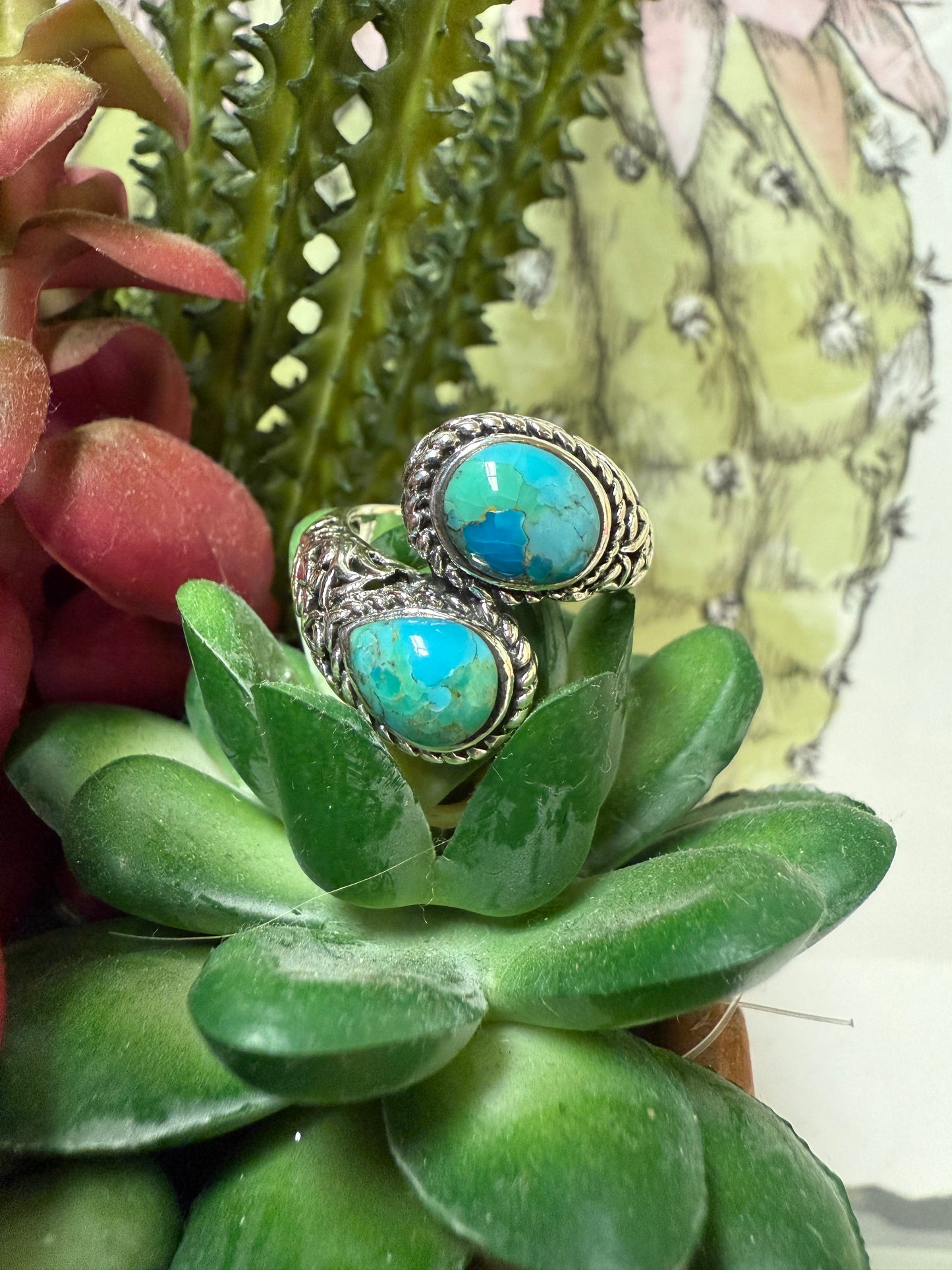 2 Stone Turquoise Boho Adjustable Wrap Ring