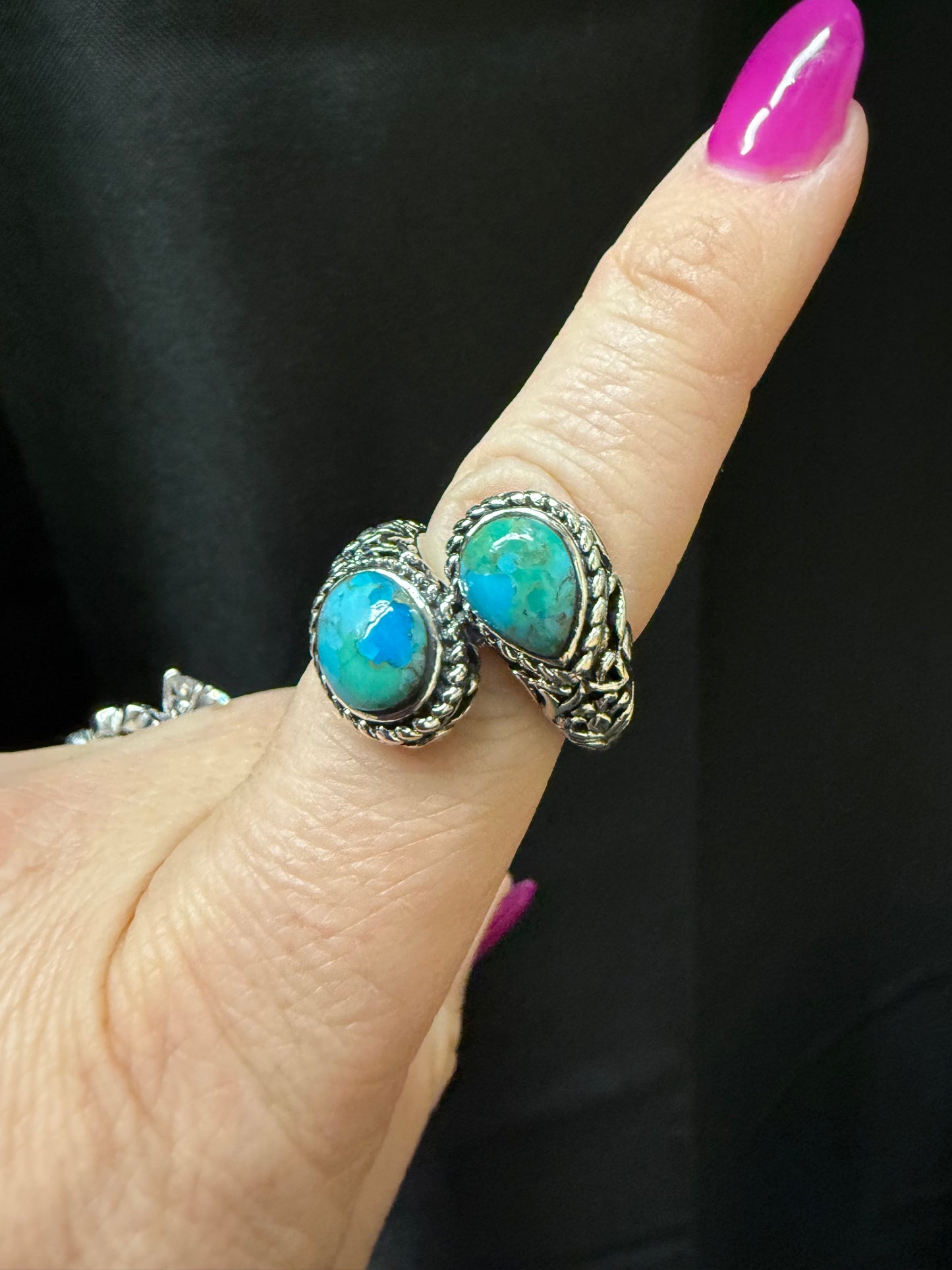 2 Stone Turquoise Boho Adjustable Wrap Ring