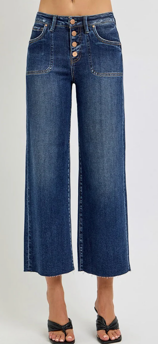 Risen High Rise Cropped Wide Leg Button Up Ladies Jeans