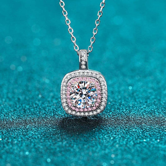 Pink Moissanite Halo Charm Necklace in 925 Sterling Silver