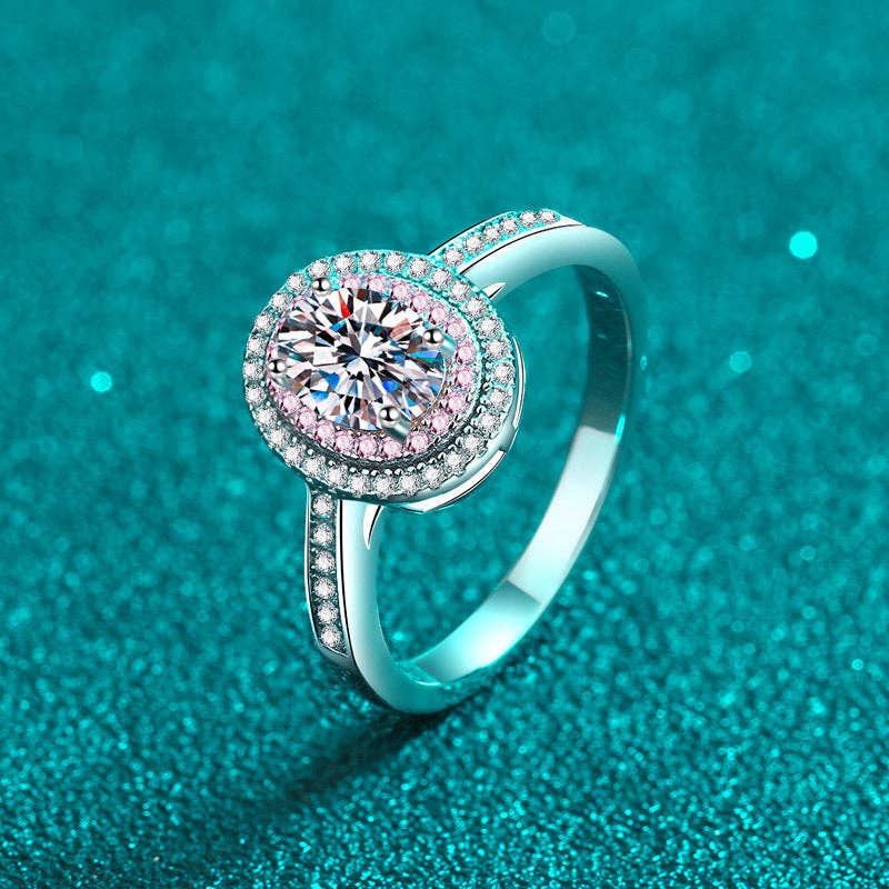 Oval Moissanite & Pink Halo Engagement Ring in 925 Sterling Silver