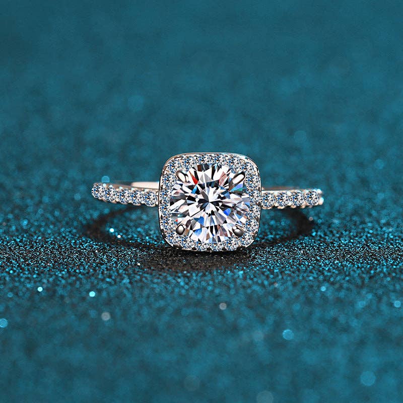 Four-Prong Round Cut Moissanite Square Halo Engagement Ring in 925 Sterling Silver