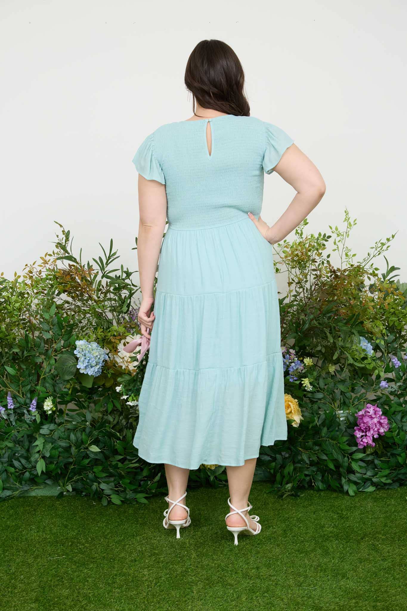 PLUS ETHEREAL SAGE SMOCKED TIERED MIDI DRESS